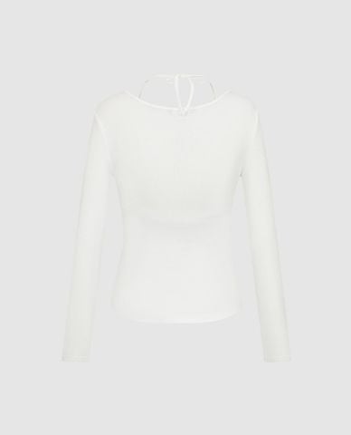  URBAN REVIVO - Áo kiểu nữ cổ V phối dây yếm tay dài 
