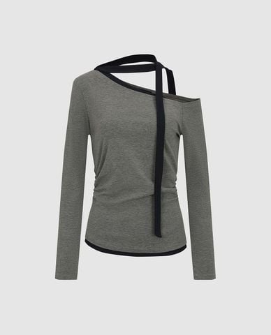  URBAN REVIVO - Áo trễ vai nữ tay dài phối dây cổ 