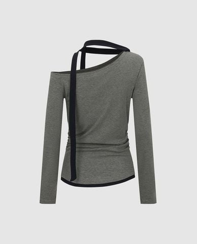  URBAN REVIVO - Áo trễ vai nữ tay dài phối dây cổ 