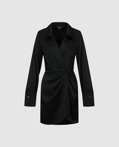  URBAN REVIVO - Đầm mini cổ vest tay dài nhún eo 