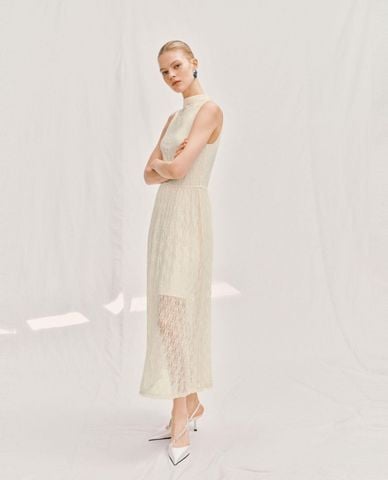  URBAN REVIVO - Đầm sát nách midi cổ cao phối ren 