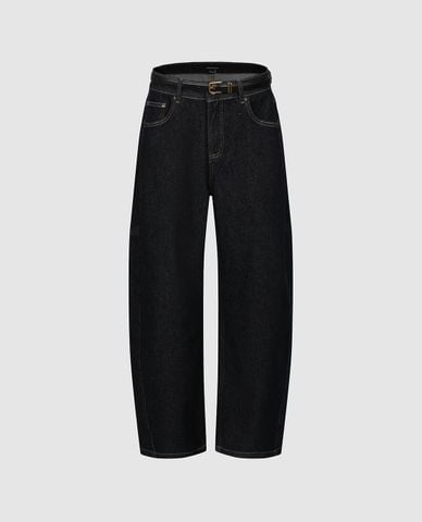  URBAN REVIVO - Quần jeans nữ ống rộng phối thắt lưng 