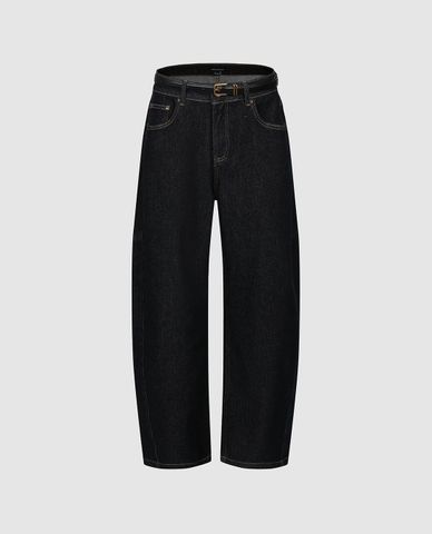  URBAN REVIVO - Quần jeans nữ ống rộng phối thắt lưng 