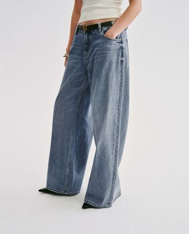  URBAN REVIVO - Quần jeans nữ ống rộng kèm thắt lưng 