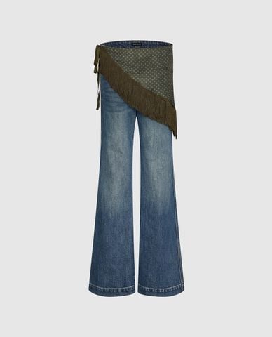  URBAN REVIVO - Quần jeans nữ ống loe wash bạc phối khăn 