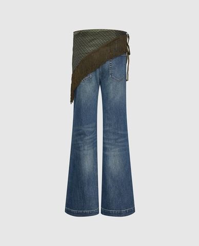  URBAN REVIVO - Quần jeans nữ ống loe wash bạc phối khăn 