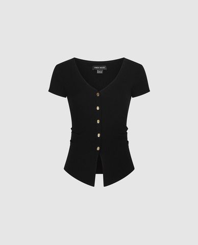  URBAN REVIVO - Áo dệt kim nữ cổ V tay ngắn phối nút 