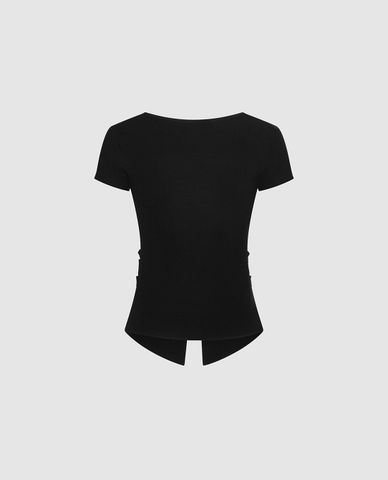  URBAN REVIVO - Áo dệt kim nữ cổ V tay ngắn phối nút 