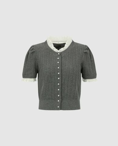  URBAN REVIVO - Áo dệt kim nữ cổ tròn tay ngắn viền bèo 