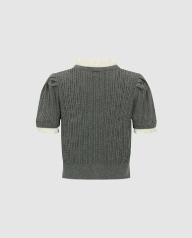  URBAN REVIVO - Áo dệt kim nữ cổ tròn tay ngắn viền bèo 