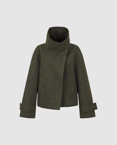  URBAN REVIVO - Áo khoác croptop nữ cổ đứng họa tiết xương cá 