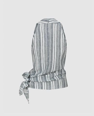  URBAN REVIVO - Áo kiểu nữ cổ yếm buộc nơ kẻ sọc 