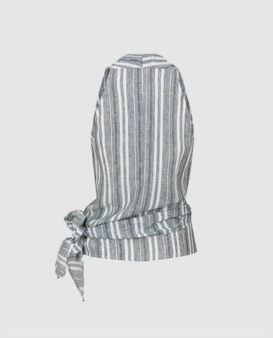  URBAN REVIVO - Áo kiểu nữ cổ yếm buộc nơ kẻ sọc 