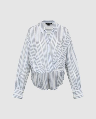  URBAN REVIVO - Áo sơ mi nữ cổ bẻ tay dài kẻ sọc 