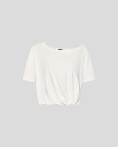  URBAN REVIVO - Áo kiểu nữ cổ rộng tay ngắn bo gấu 