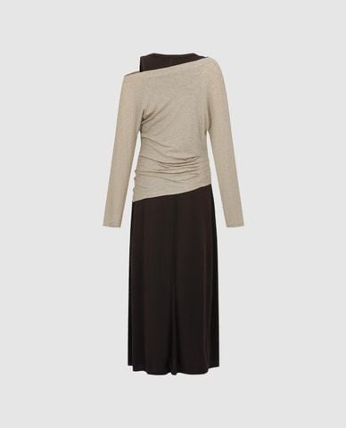  URBAN REVIVO - Đầm midi tay dài lệch vai xếp nhún 