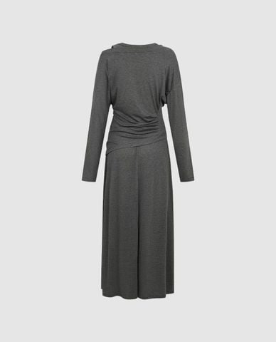  URBAN REVIVO - Đầm midi tay dài lệch vai xếp nhún 