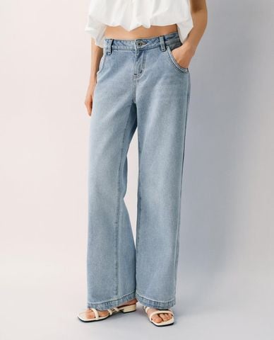  URBAN REVIVO - Quần jeans nữ ống rộng wash bạc 