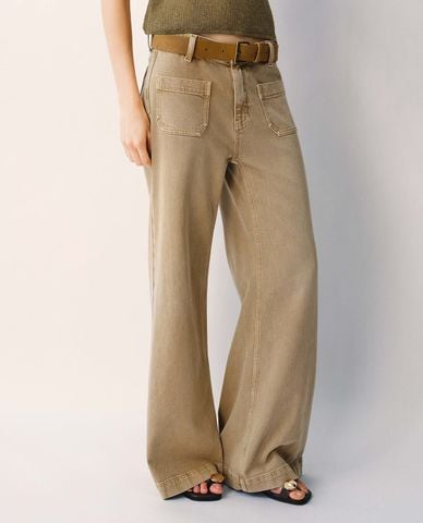  URBAN REVIVO - Quần jeans nữ ống rộng kèm thắt lưng 