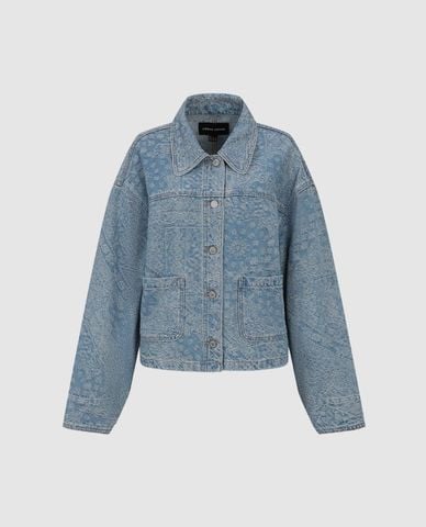  URBAN REVIVO - Áo khoác denim nữ cổ bẻ tay dài dệt họa tiết 