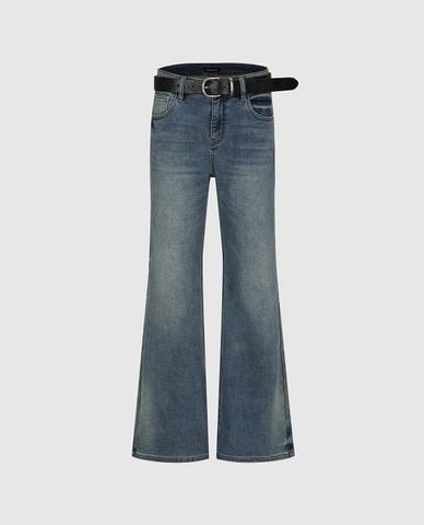  URBAN REVIVO - Quần jeans nữ ống loe kèm thắt lưng 