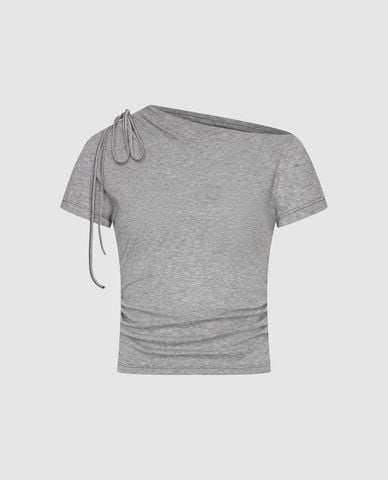  URBAN REVIVO - Áo kiểu nữ cổ đổ tay ngắn rút dây 