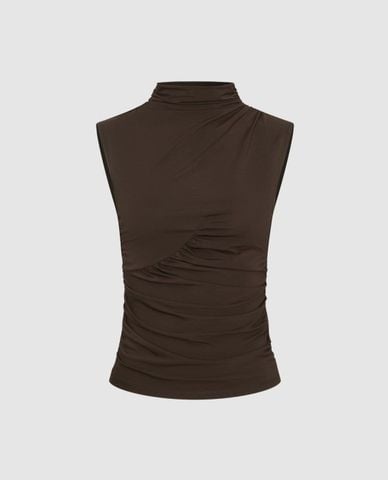  URBAN REVIVO - Áo sát nách nữ cổ lọ nhún thanh lịch 