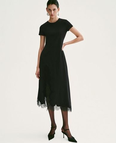  URBAN REVIVO - Đầm midi cổ tròn tay ngắn viền ren 