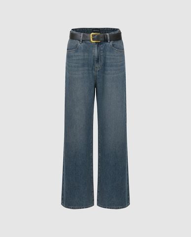  URBAN REVIVO - Quần jeans nữ ống rộng phối thắt lưng 