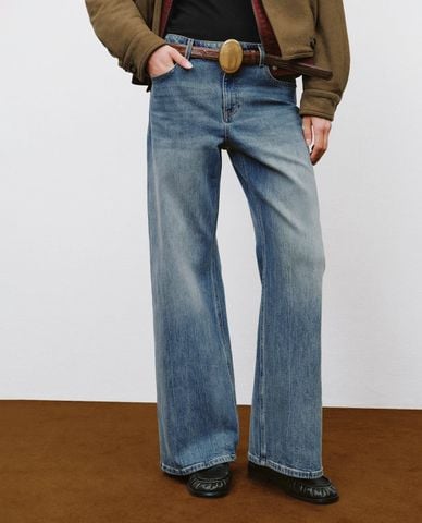  URBAN REVIVO - Quần jeans nữ ống rộng wash bạc 