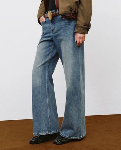  URBAN REVIVO - Quần jeans nữ ống rộng wash bạc 