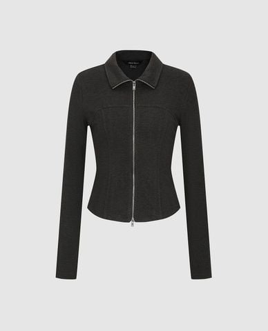  URBAN REVIVO - Áo khoác dệt kim nữ tay dài phối khóa zip 