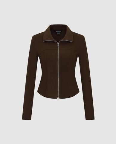  URBAN REVIVO - Áo khoác dệt kim nữ tay dài phối khóa zip 