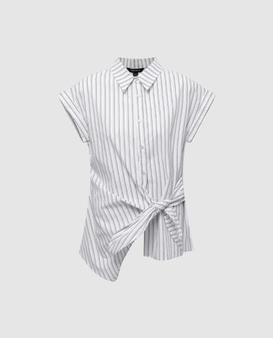  URBAN REVIVO - Áo sơ mi nữ tay ngắn buộc eo kẻ sọc 