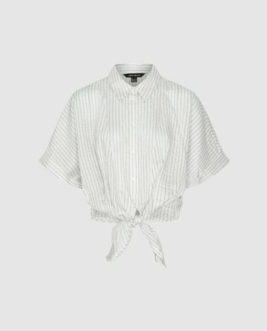  URBAN REVIVO - Áo sơ mi nữ tay ngắn buộc vạt kẻ sọc 