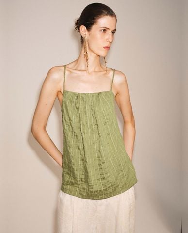 URBAN REVIVO - Áo hai dây nữ cổ vuông xếp ly kẻ sọc 