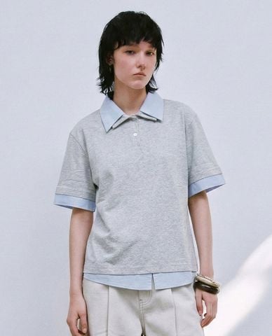  URBAN REVIVO - Áo polo nữ cổ bẻ tay ngắn phối layer 