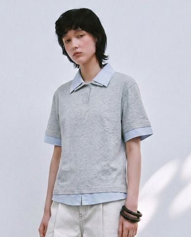  URBAN REVIVO - Áo polo nữ cổ bẻ tay ngắn phối layer 