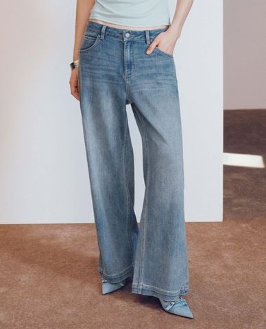  URBAN REVIVO - Quần jeans nữ ống rộng wash bạc 