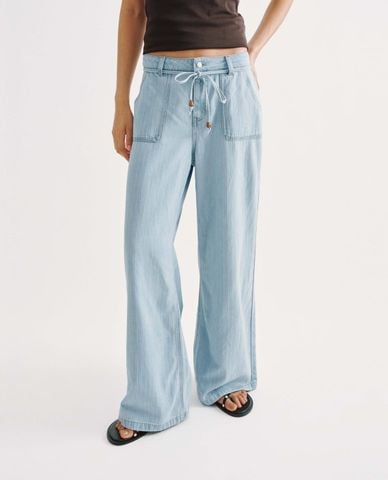  URBAN REVIVO - Quần jeans nữ ống rộng dây rút kẻ sọc 