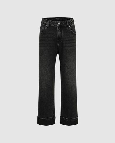  URBAN REVIVO - Quần jeans nữ ống đứng xắn gấu 