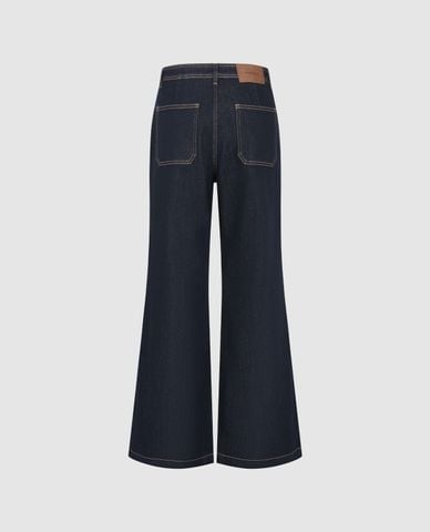  URBAN REVIVO - Quần jeans nữ ống loe viền chỉ phối túi 