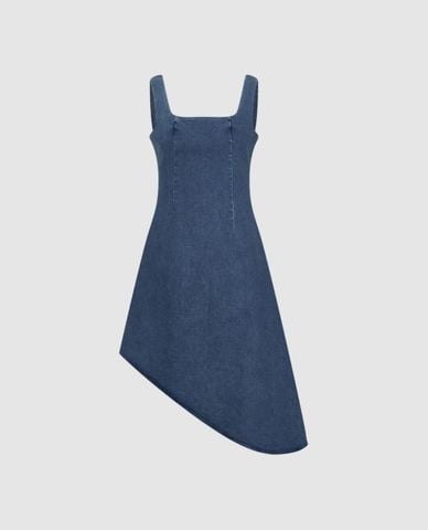  URBAN REVIVO - Đầm denim mini hai dây bất đối xứng 