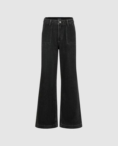  URBAN REVIVO - Quần jeans nữ ống loe viền chỉ phối túi 