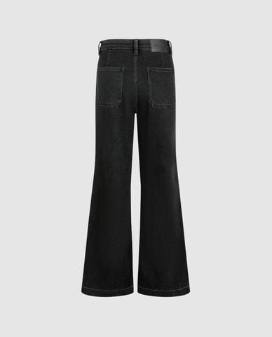  URBAN REVIVO - Quần jeans nữ ống loe viền chỉ phối túi 