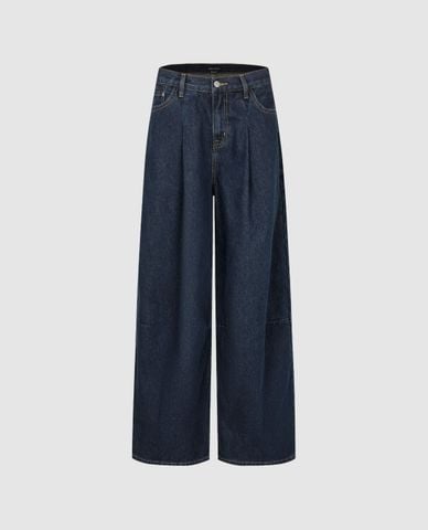 URBAN REVIVO - Quần jeans nữ ống rộng xếp li 