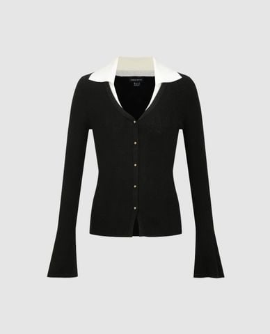 URBAN REVIVO - Áo dệt kim nữ cổ bẻ tay dài cài khuy 