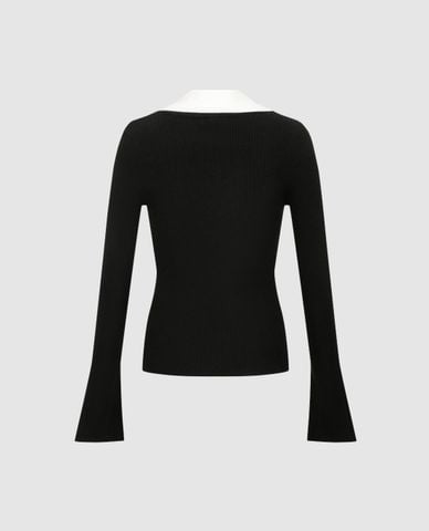  URBAN REVIVO - Áo dệt kim nữ cổ bẻ tay dài cài khuy 