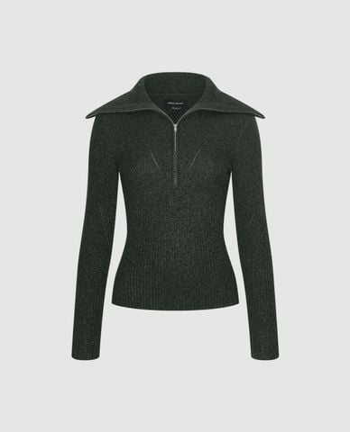  URBAN REVIVO - Áo dệt kim nữ cổ bẻ tay dài khóa kéo 