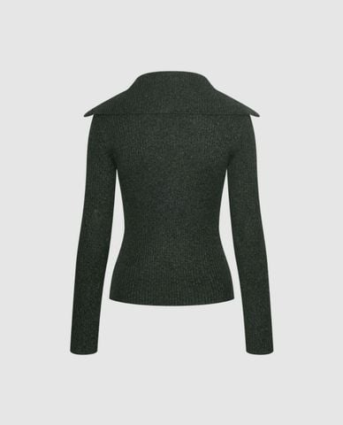  URBAN REVIVO - Áo dệt kim nữ cổ bẻ tay dài khóa kéo 